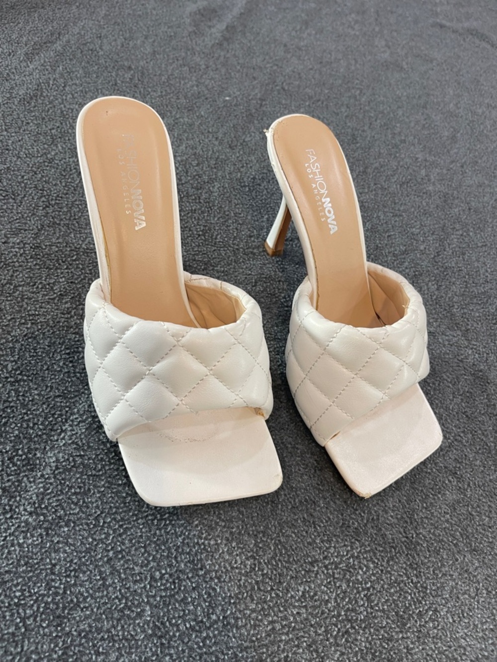 Fashion Nova Cream Quilted Square-Toe Mule Heels